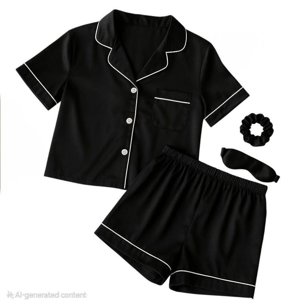 Women's Black Silk Pajamas Set Short Sleeve Sleepwear Satin Button Down Pj Sets 4Pcs Pjs Shorts Hairband Hair Loop