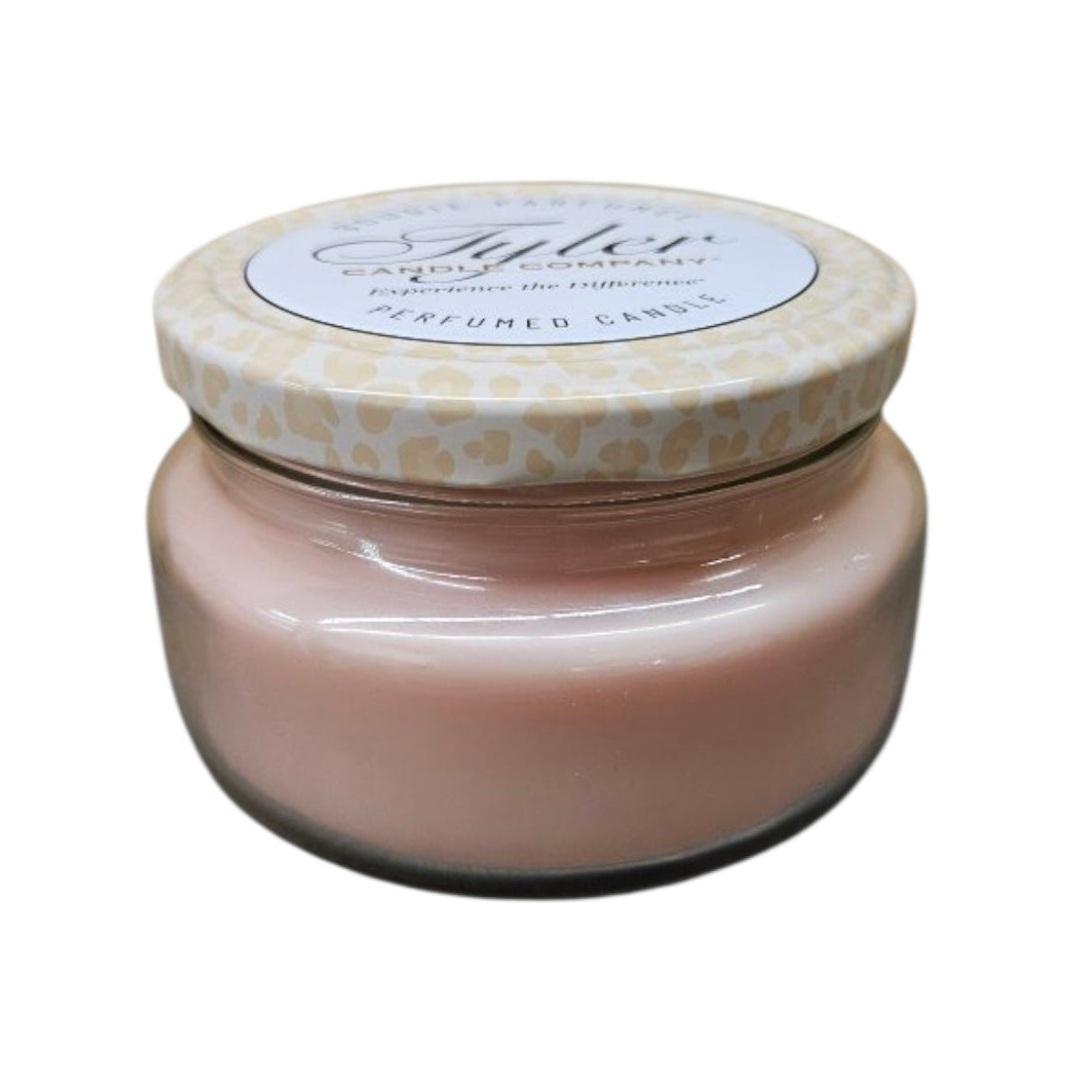 Bless Your Heart 11oz two-wick Tyler Candle Company candle in a pink jar with a leopard-pattern lid.