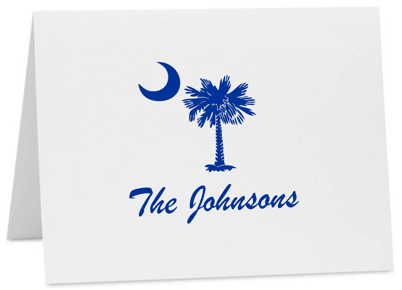 Palmetto Moon South Carolina Logo Personalized Note Cards with Envelopes (Available in Multiple Colors) (CC-10375 PER) Brush Script Font