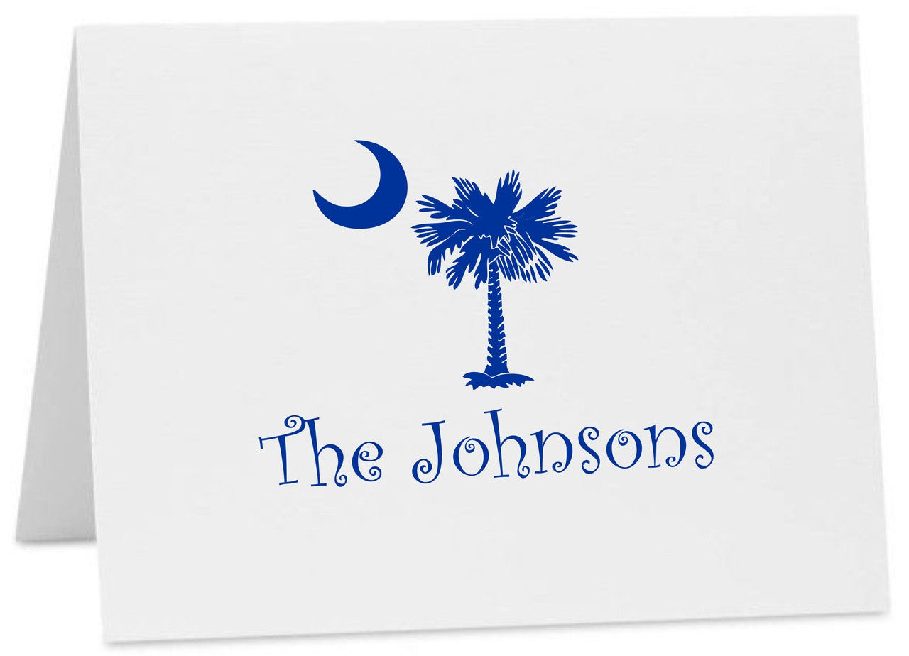 Palmetto Moon South Carolina Logo Personalized Note Cards with Envelopes (Available in Multiple Colors) (CC-10375 PER) Curlz Font
