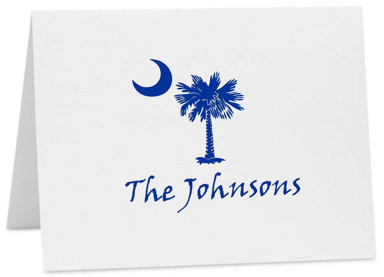 Palmetto Moon South Carolina Logo Personalized Note Cards with Envelopes (Available in Multiple Colors) (CC-10375 PER) Viner Hand Font