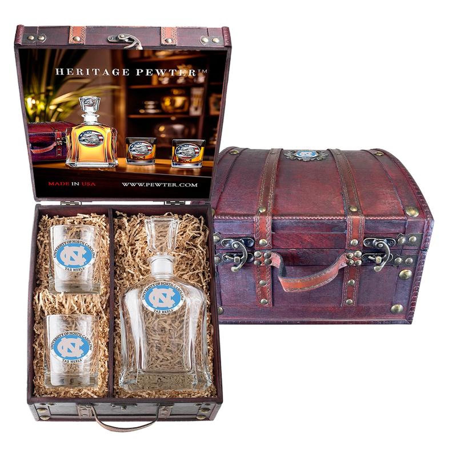 University of North Carolina Capitol Decanter and 2 Glasses with Chest Box