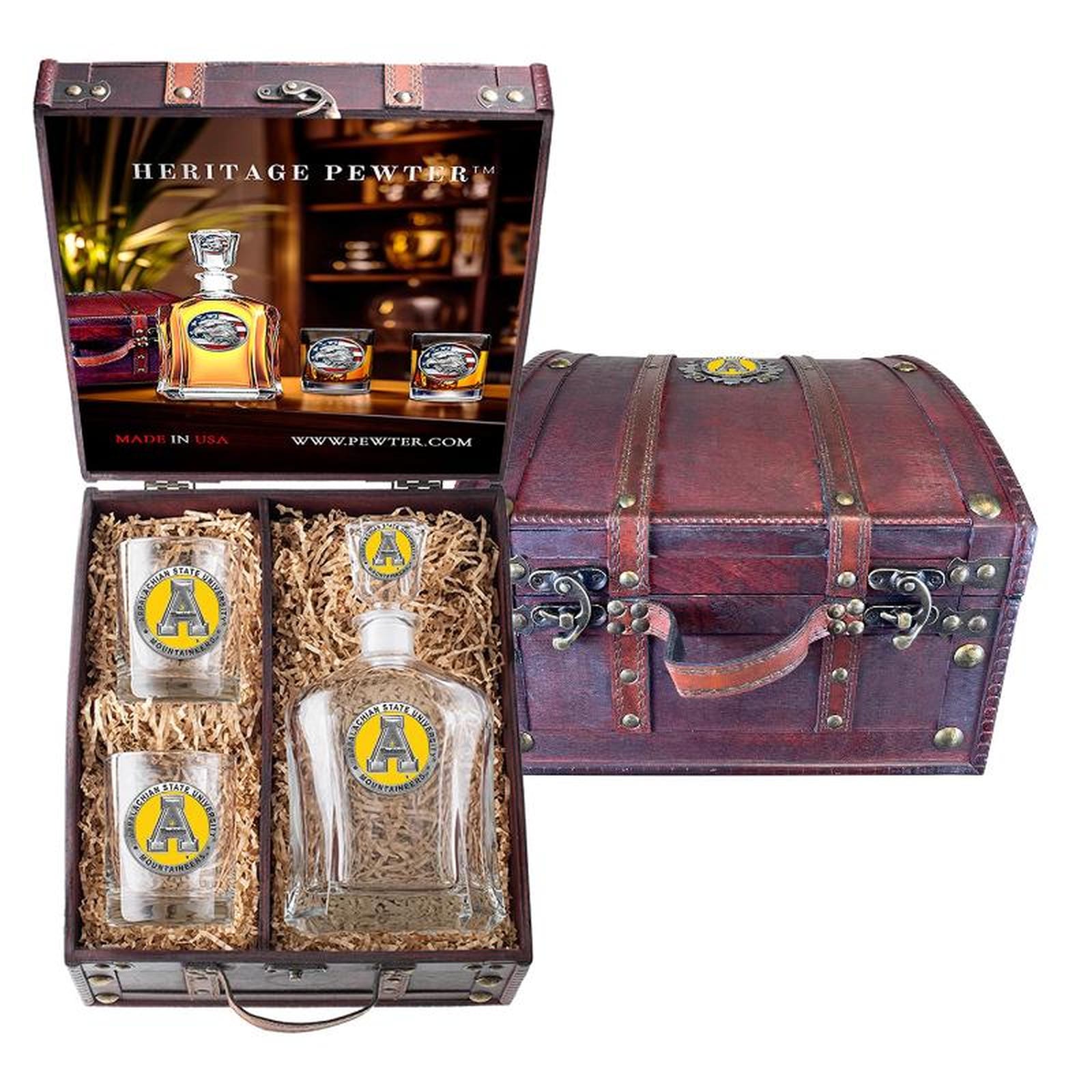 Appalachian State University Capitol Decanter and 2 Glasses with Chest Box