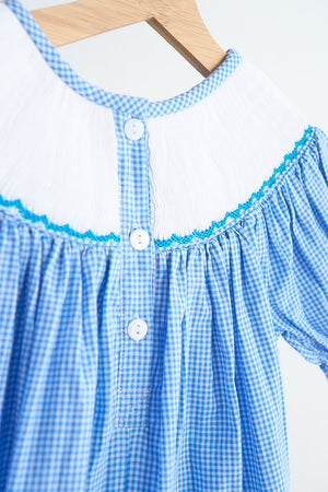 Blue snow princess hand smocked gingham dress