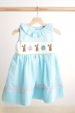 Blue easter bunny egg french knot girl gingham seersucker dress