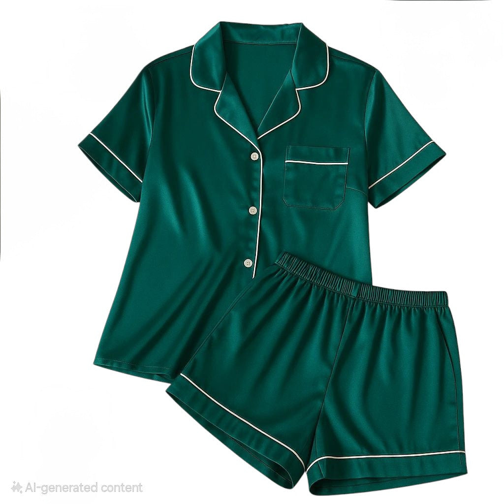 Women's Green Silk Pajamas Set Short Sleeve Sleepwear Satin Button Down Pj Sets 4Pcs Pjs Shorts Hairband Hair Loop