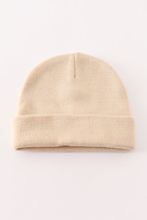 Beige ribbed basic knit beanie hat