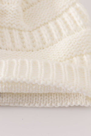 Ivory pompom cable beanie hat