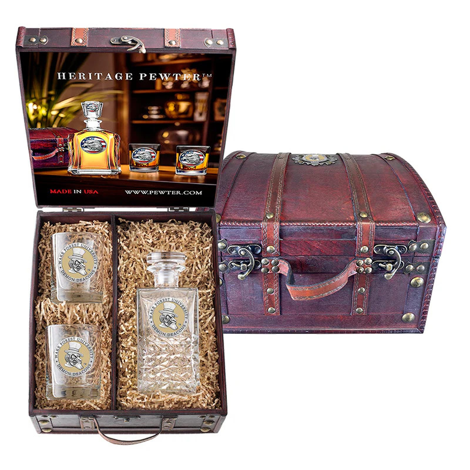 Wake Forest University Deacons Heritage Decanter and 2 Glasses with Chest Box