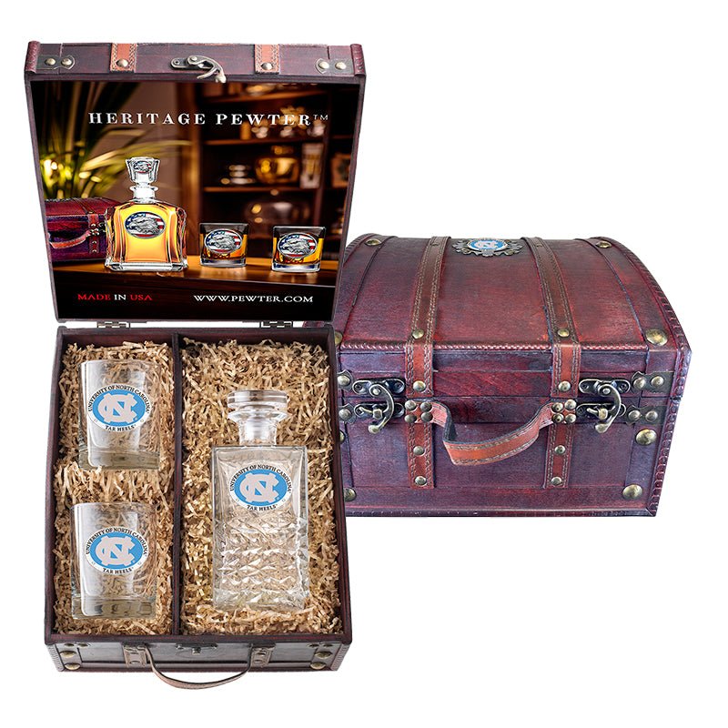 University of North Carolina Heritage Decanter and 2 Glasses with Chest Box