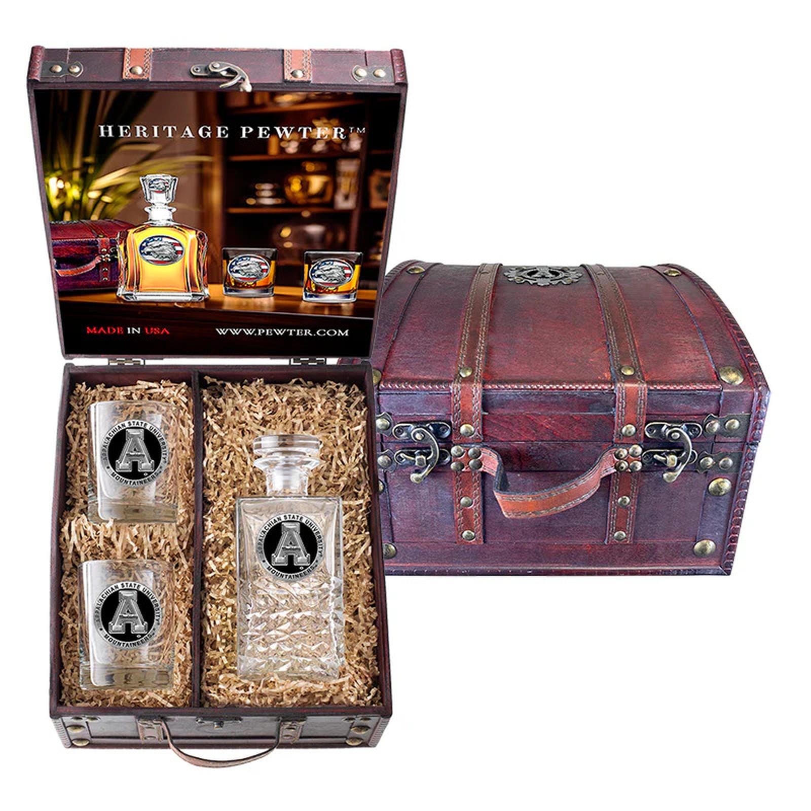 Appalachian State University Heritage Decanter and 2 Glasses with Chest Box