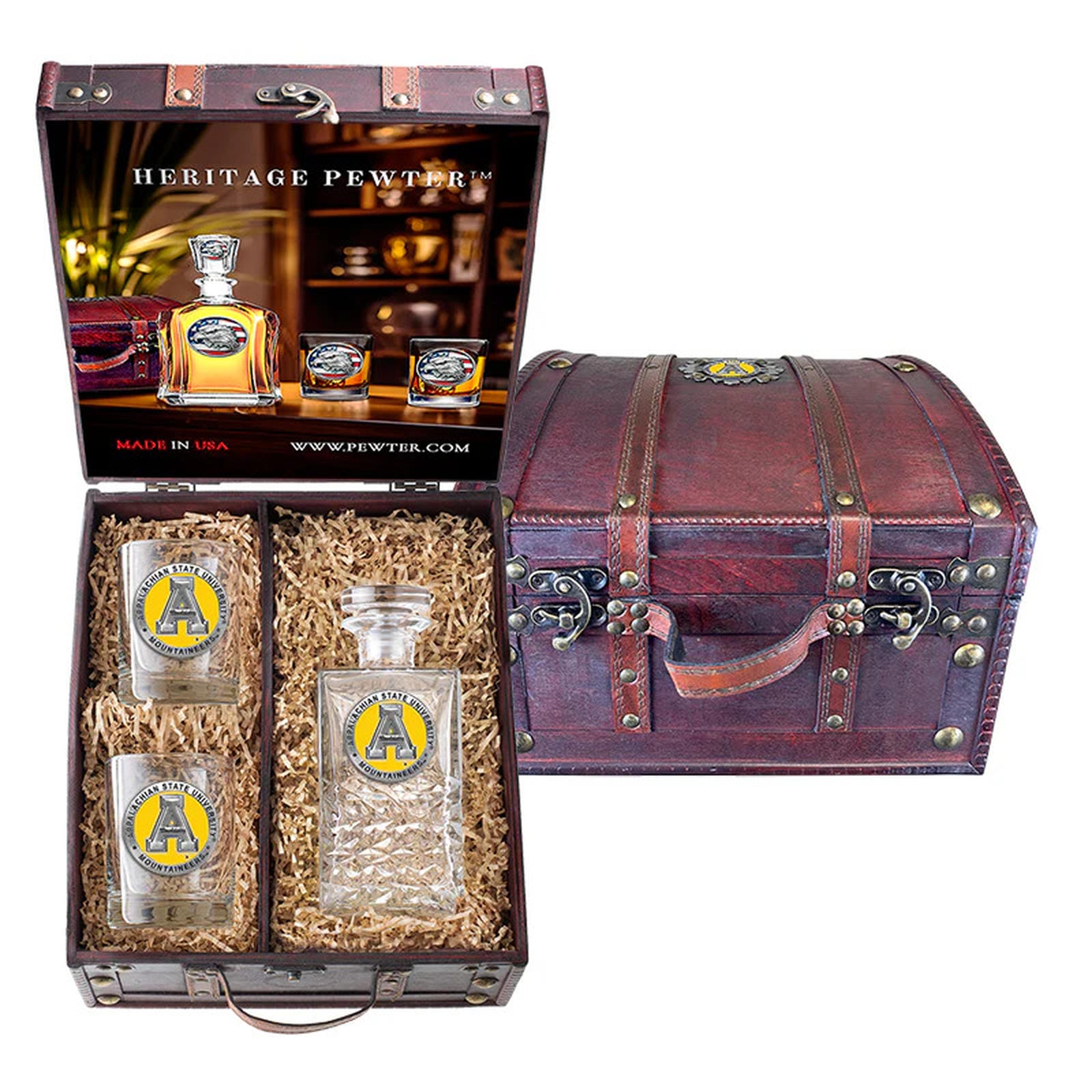 Appalachian State University Heritage Decanter and 2 Glasses with Chest Box
