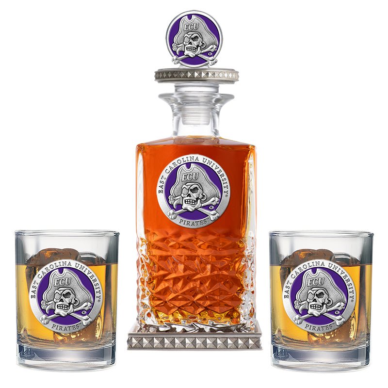 East Carolina University Heritage Decanter w/ 3D Top-Diamond Accents & 2 Glasses