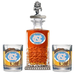 University of North Carolina Heritage Decanter w/ 3D Top-Diamond Accents & 2 Glasses