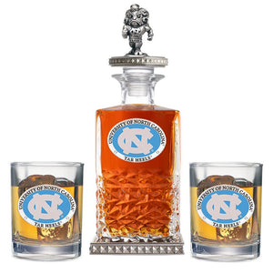 University of North Carolina Heritage Decanter w/ 3D Top-Diamond Accents & 2 Glasses