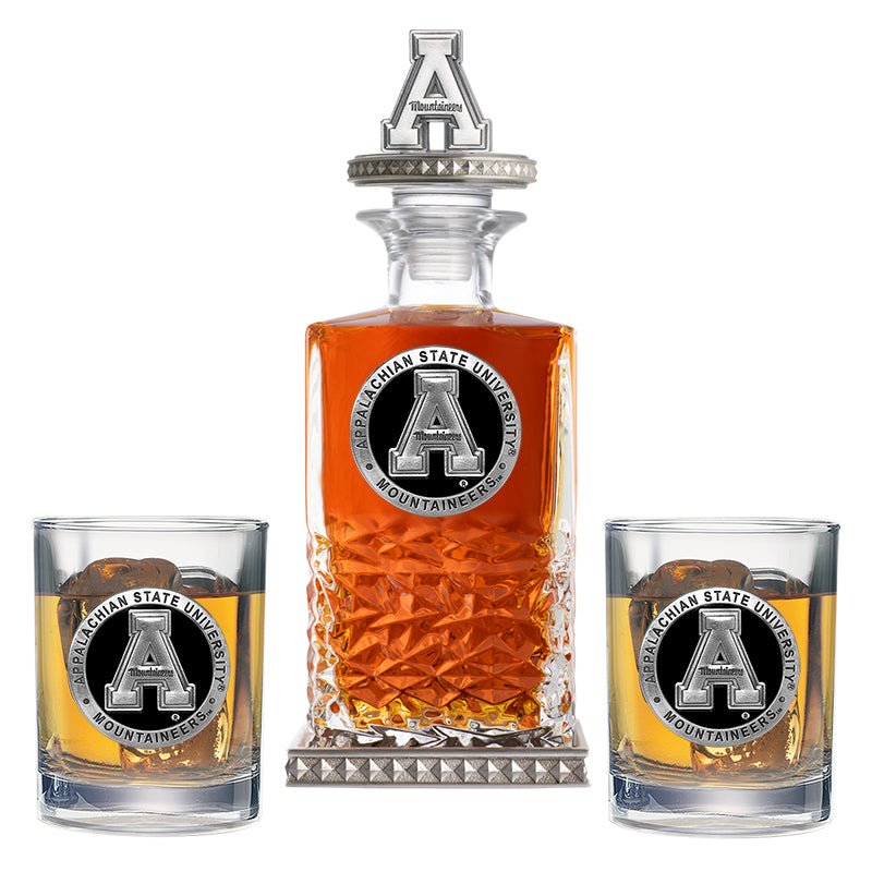 Appalachian State University Heritage Decanter w/ 3D Top-Diamond Accents & 2 Glasses