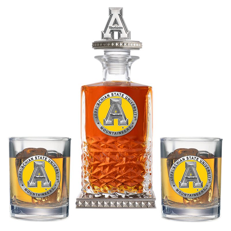 Appalachian State University Heritage Decanter w/ 3D Top-Diamond Accents & 2 Glasses