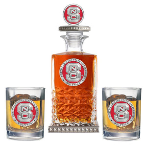 North Carolina State University Heritage Decanter w/ 3D Top-Diamond Accents & 2 Glasses