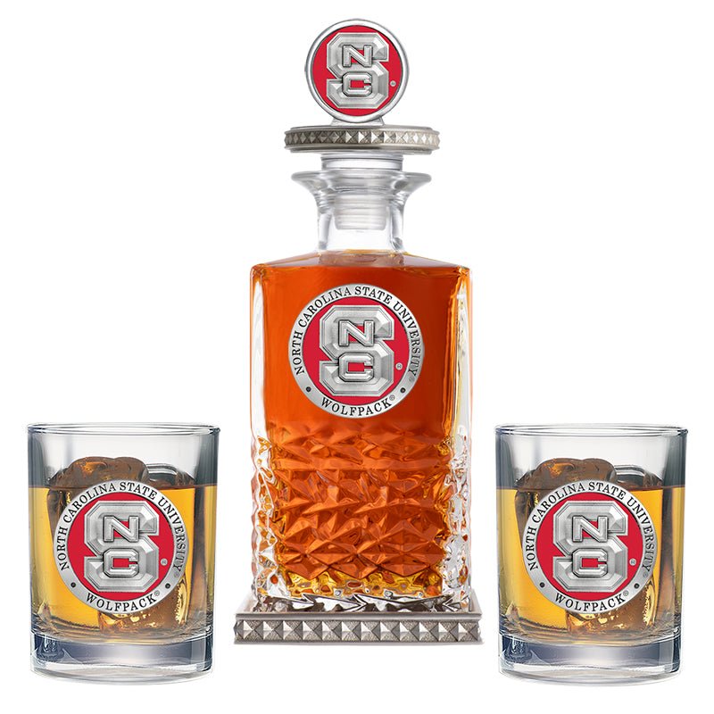North Carolina State University Heritage Decanter w/ 3D Top-Diamond Accents & 2 Glasses