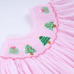 Pink christmas tree hand smocked ruffle pants set
