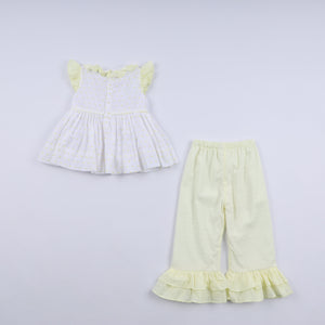 Mustard character hand smocked ruffle pants set