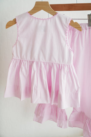 Pink princess hand smocked plaid ruffle pants set