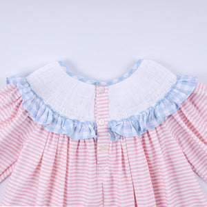 Pink candy cane bow hand smocked ruffle dress