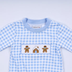 Blue gingerbread hand smocked gingham romper