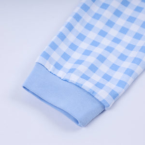 Blue gingerbread hand smocked gingham romper