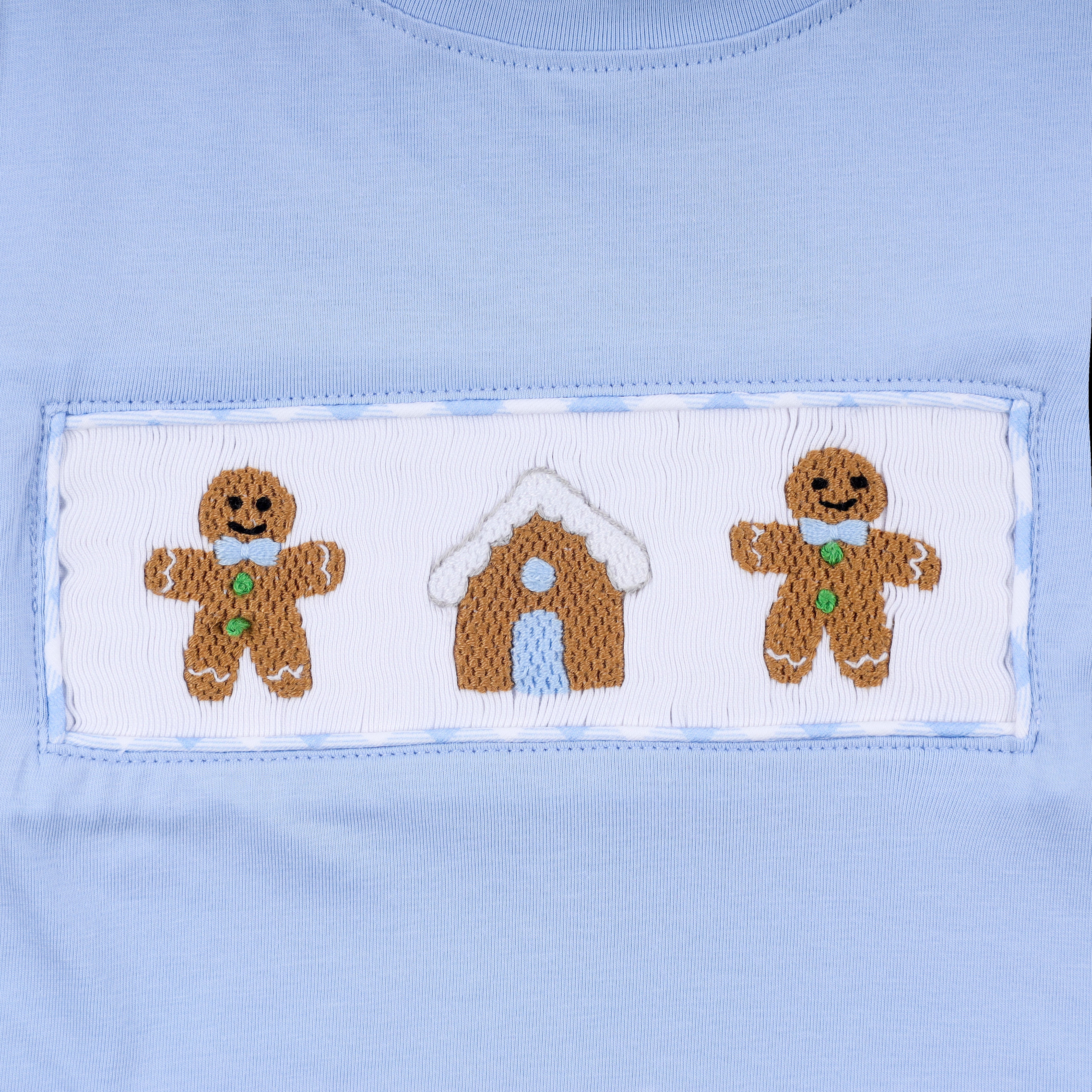 Blue gingerbread hand smocked gingham pants set