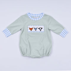 Sage cow hand smocked bubble
