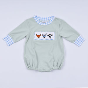 Sage cow hand smocked bubble