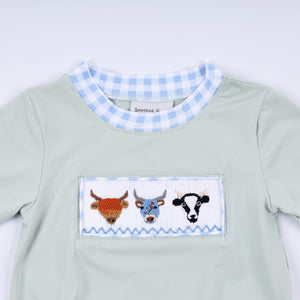 Sage cow hand smocked bubble