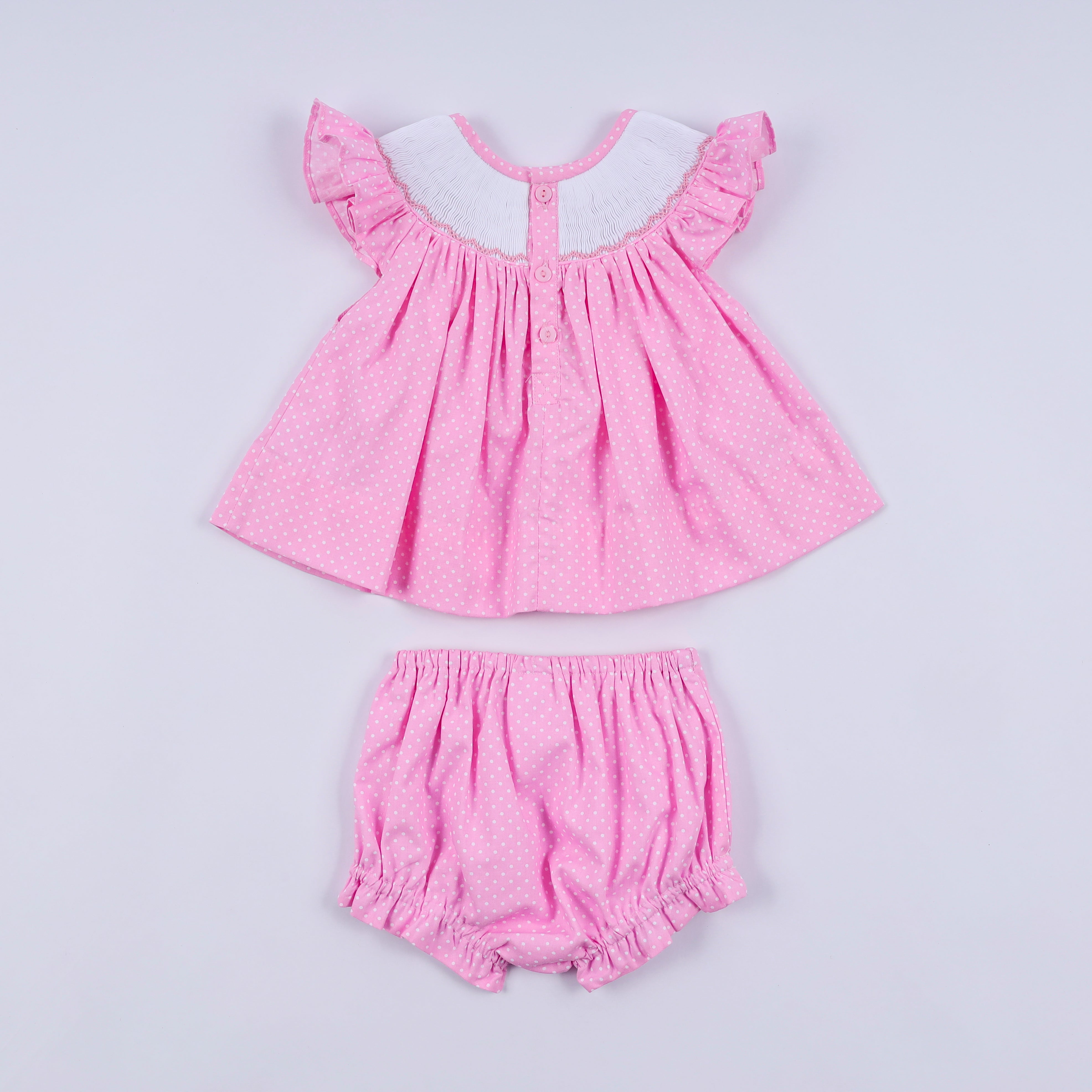 Pink character hand smocked dot ruffle bloomer set
