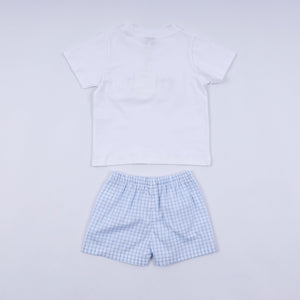 Blue character hand smocked gingham shorts set