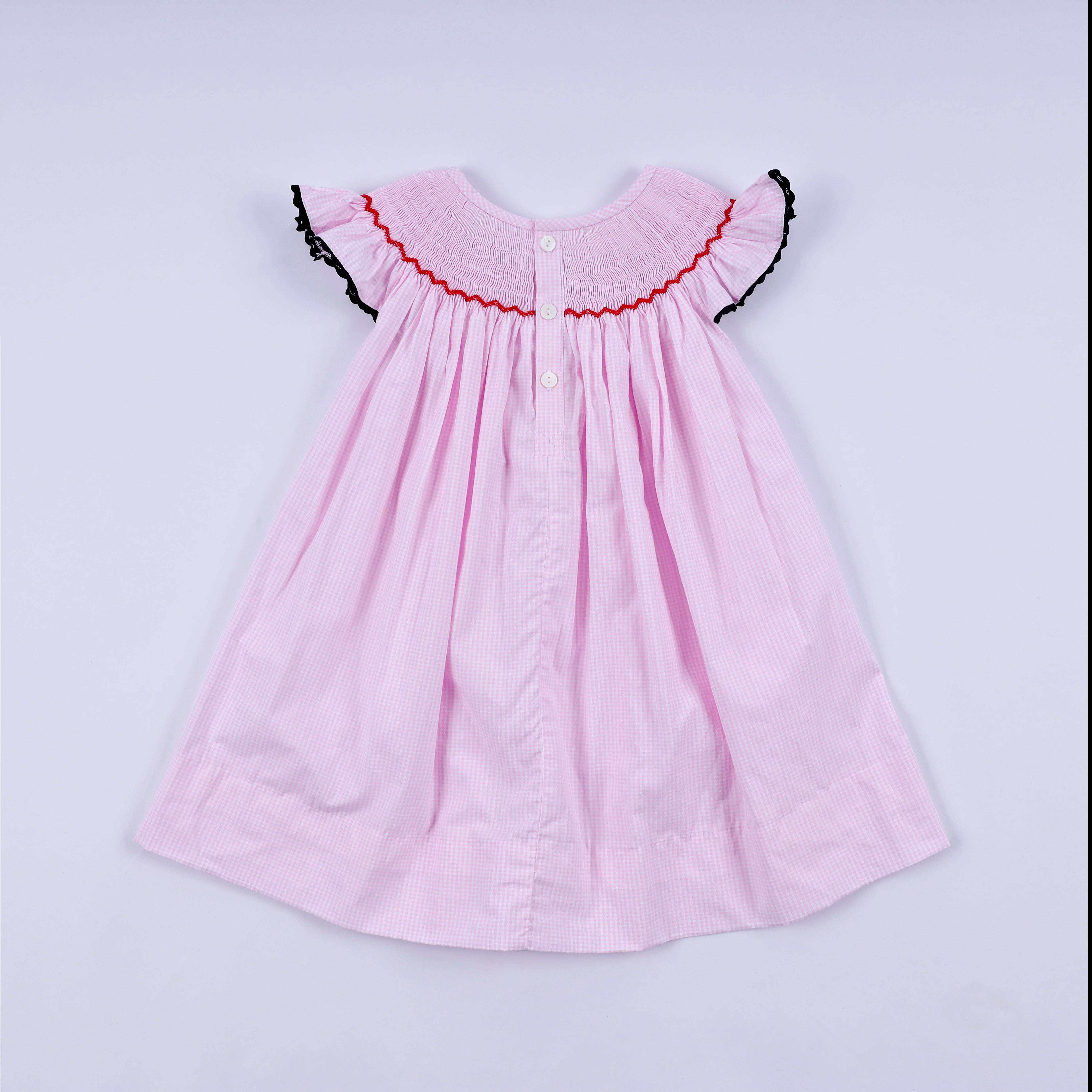 Red character hand smocked plaid ruffle dress