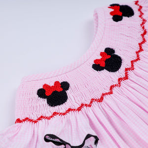 Red character hand smocked plaid ruffle bubble