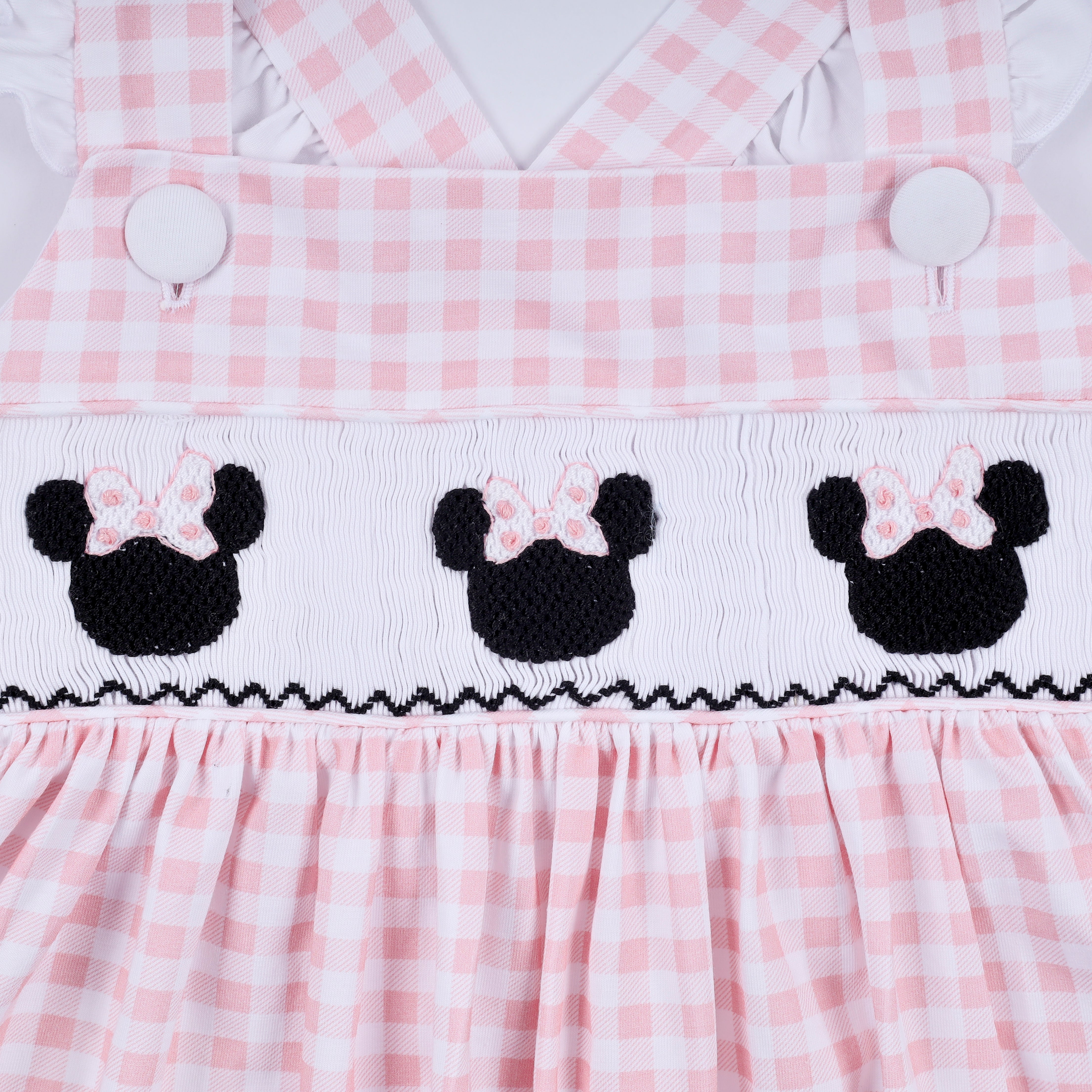 Pink character hand smocked gingham ruffle dress