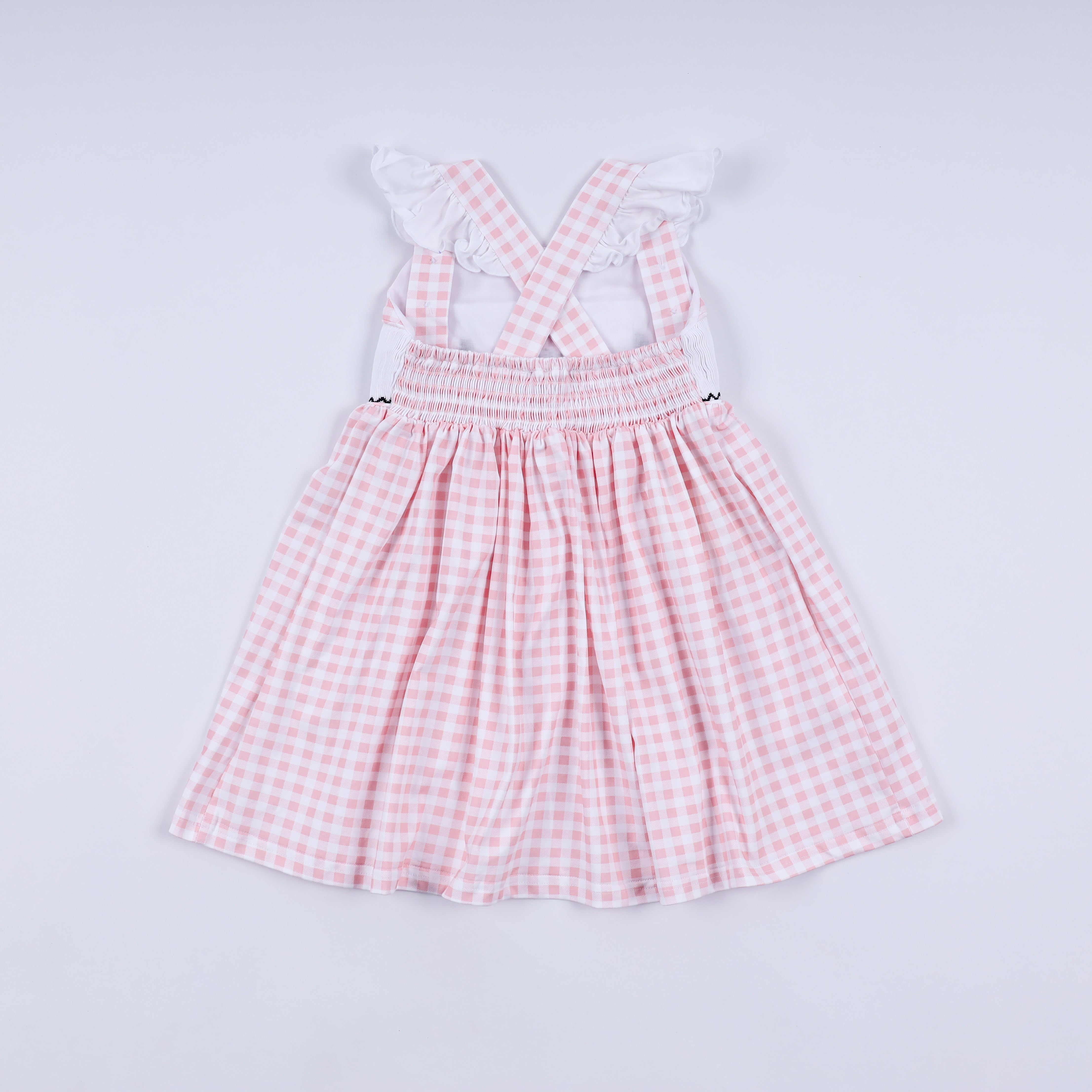 Pink character hand smocked gingham ruffle dress