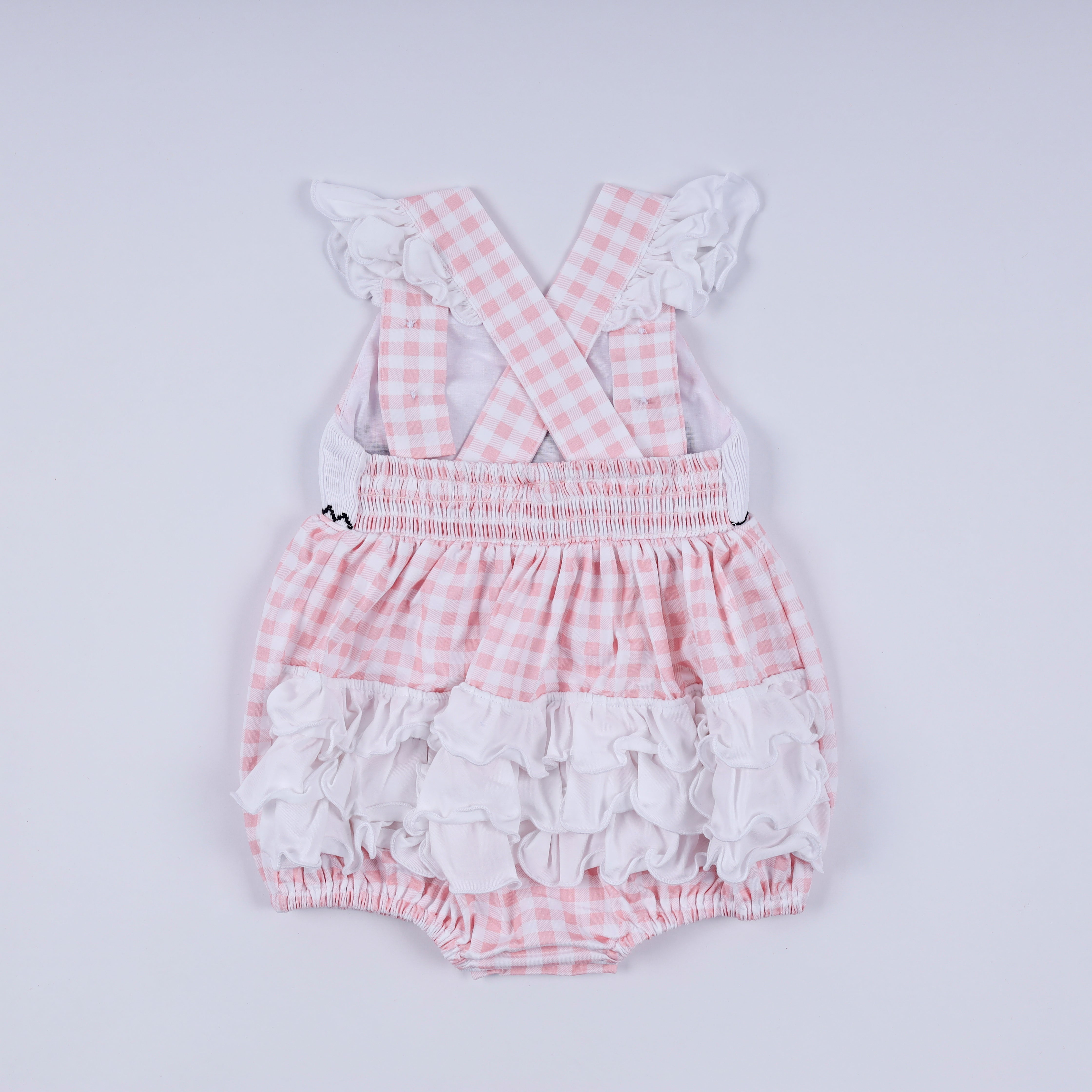 Pink character hand smocked gingham ruffle bubble
