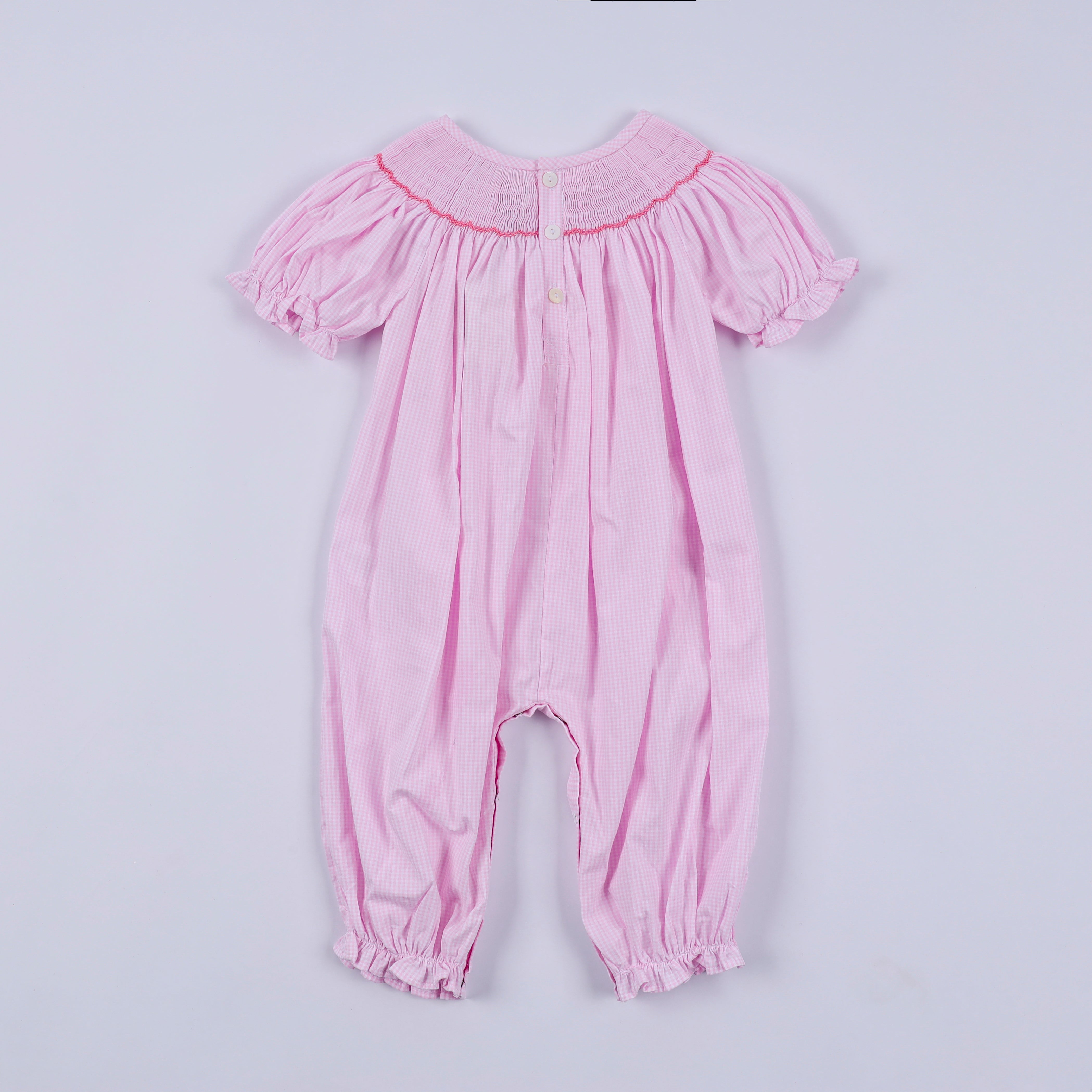 Pink christmas tree hand smocked ruffle romper