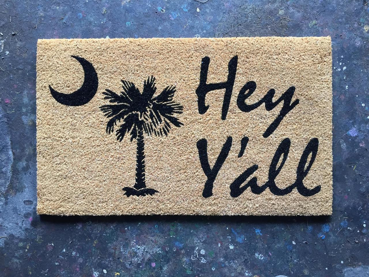 Purple Turtle Gifts 18x30 in Coir Welcome Doormat - Hey Y'all with Palmetto Moon South Carolina SC Flag Logo (CC-10552)