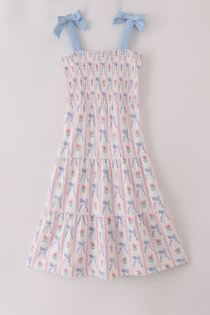 Blue floral bow print smocked mom dress
