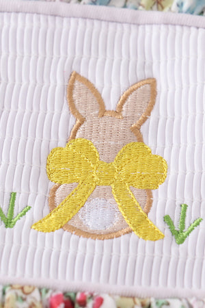Floral print bunny embroidery smocked girl dress
