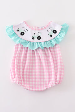 Pink tractor embroidery plaid girl bubble