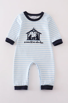 Navy plaid nativity embroidery boy romper