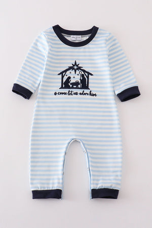 Navy plaid nativity embroidery boy romper