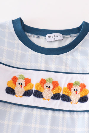Teal thanksgiving turkey french knot plaid boy set