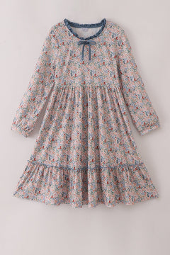 Blue floral print ruffle mom dress