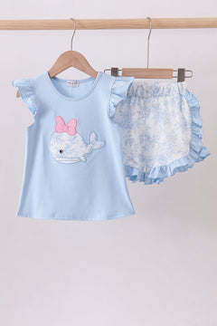 Blue Whale Applique Ruffle Shorts Set